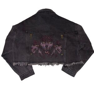 Edgy Black Denim Jacket with Embellished Wolf Designs